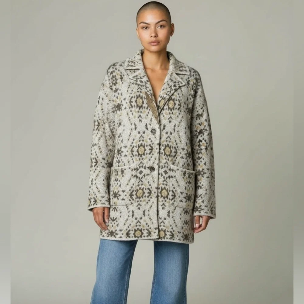 Free People Alpaca Wool Blend Nordic Knit Sweater Coat Cardigan Size L